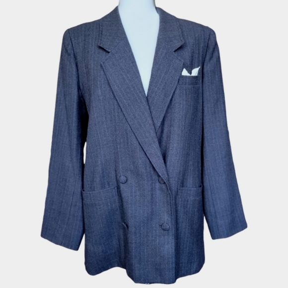 Vintage hand-made woolen long jacket blazer charcoal grey double breasted 10 - Picture 3 of 15